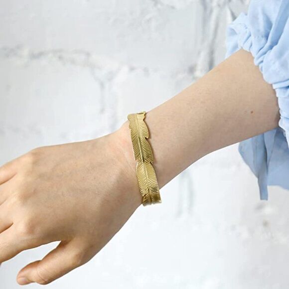 Feather Cuff Bangle Bracelet in Gold - Picture 7 of 12